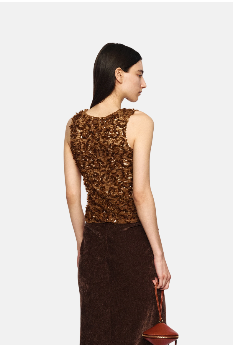 Amber Brown Beaded Double-Layer Lace Camisole