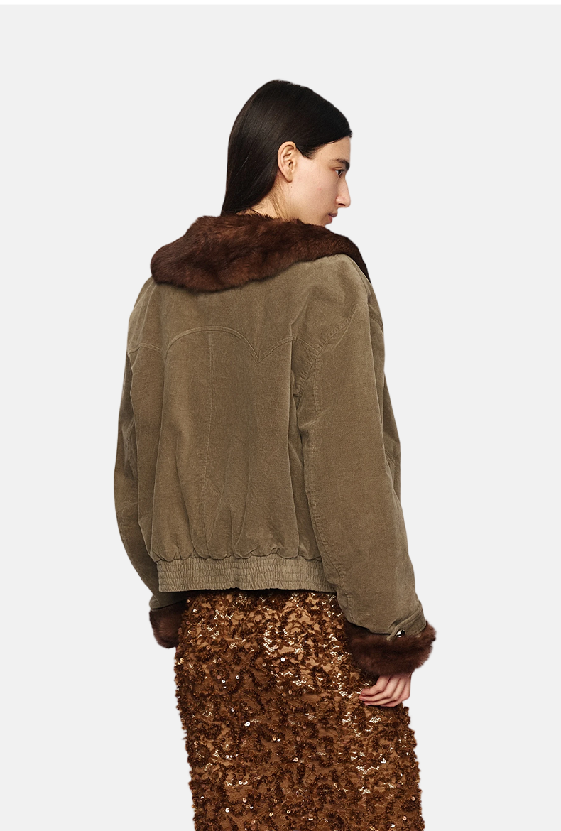 Gray-Green Brushed Fur Collar Short Warm Jacket