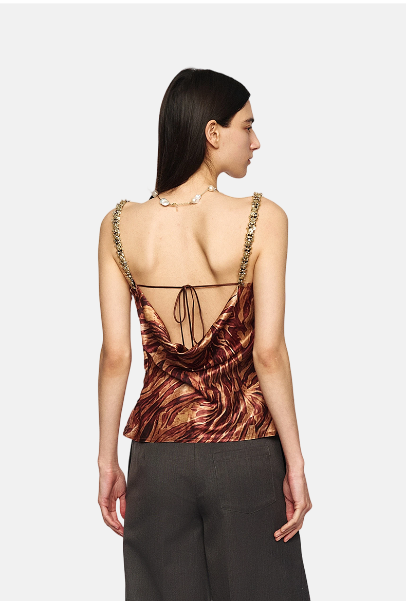 Amber Brown Zebra Print Beaded Camisole - Women's Tank Top