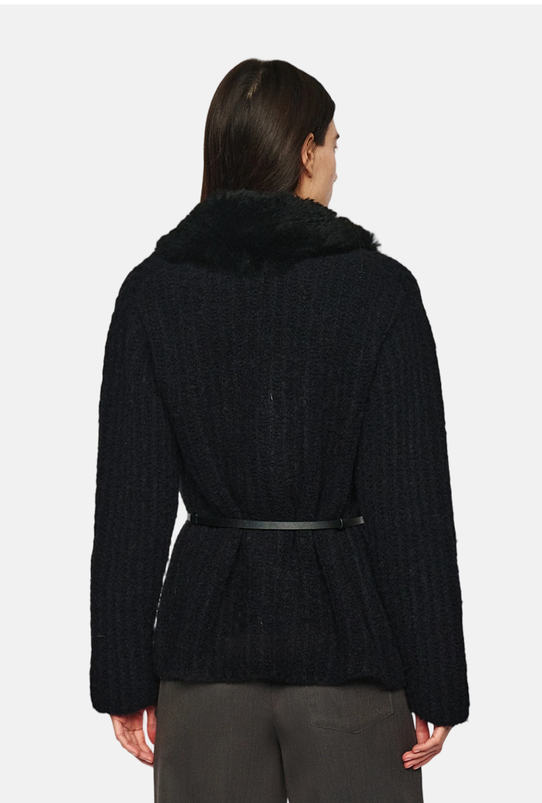 Women's Black Wool Cardigan with Fur Collar &amp; Knitted Waistbel