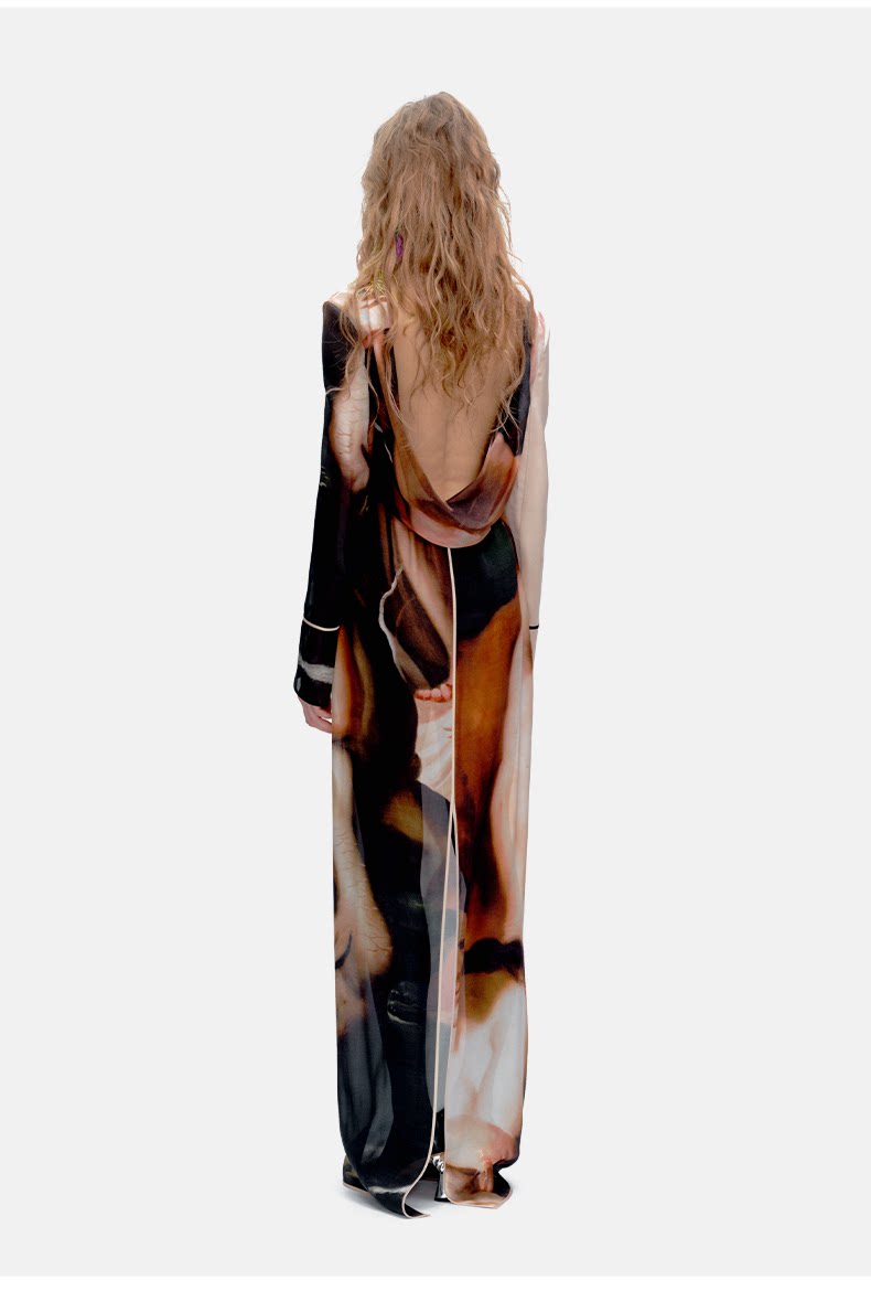 Art Print Mesh Open-back Mulberry Silk Dress