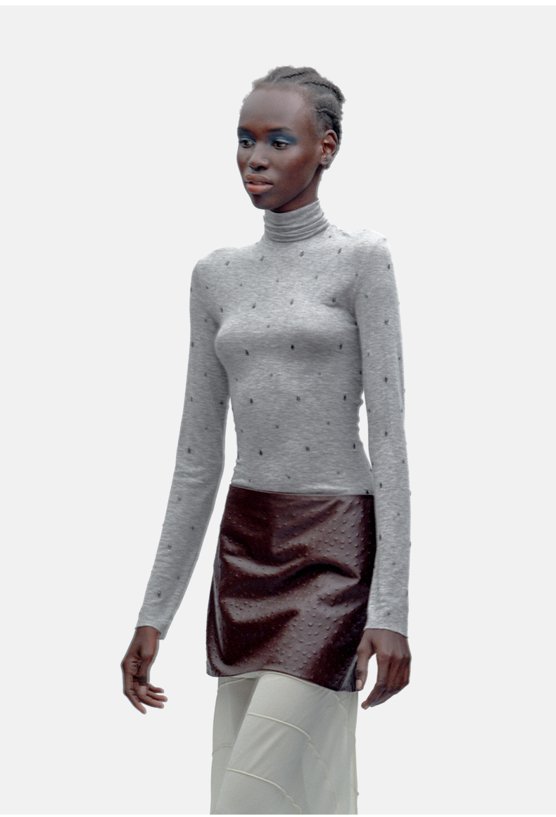 Light Khaki Rhinestone Slim Turtleneck Wool-Blend Top