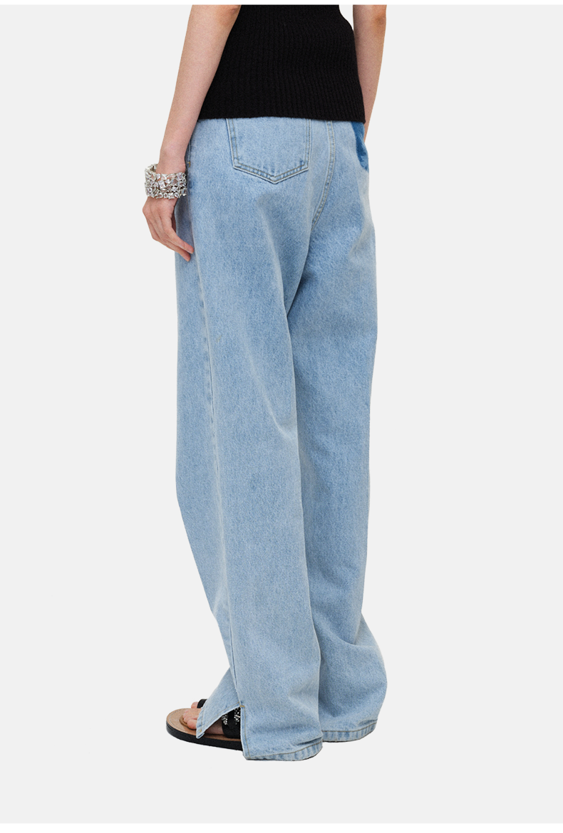 Washed Distressed Laser-Embroidered Straight-Leg Pants