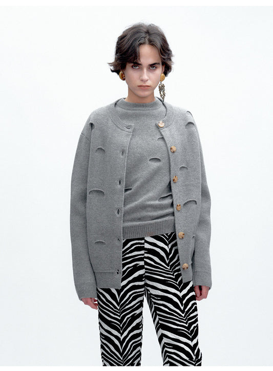 Distressed Merino Wool Crewneck Cardigan