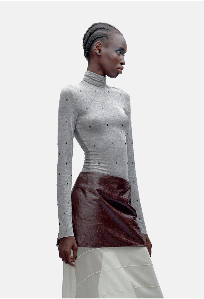 Light Khaki Rhinestone Slim Turtleneck Wool-Blend Top