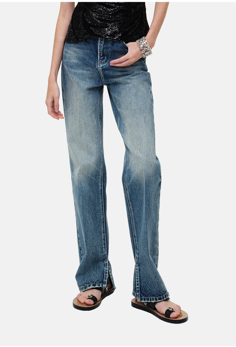 Washed Distressed Laser-Embroidered Straight-Leg Pants
