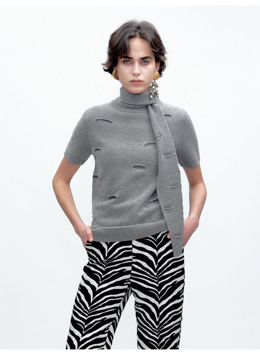 Grey Cut-Out Distressed Wool Short-Sleeve Knit Top