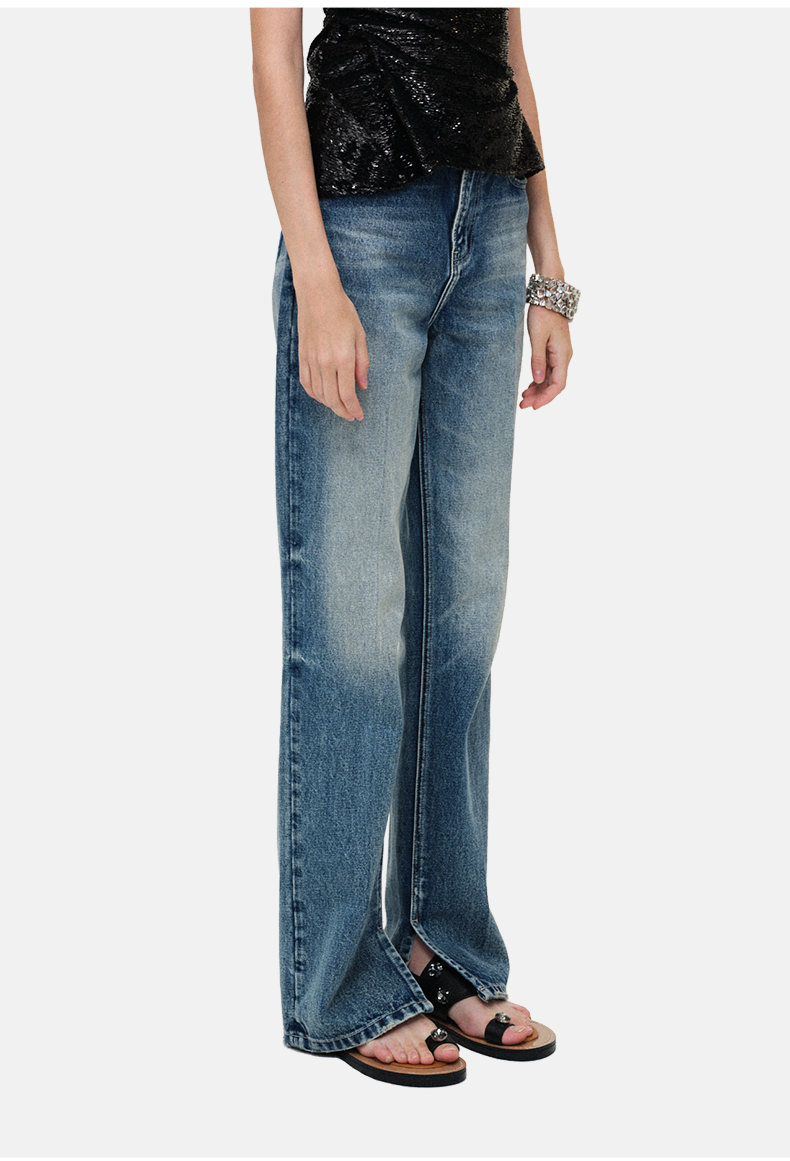 Washed Distressed Laser-Embroidered Straight-Leg Pants
