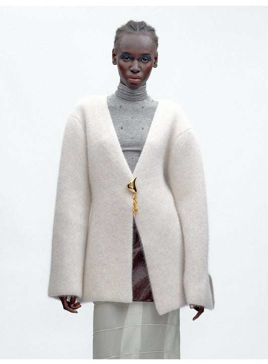 Minimalist Grey-White Gold-Button Wool V-Neck Cardigan