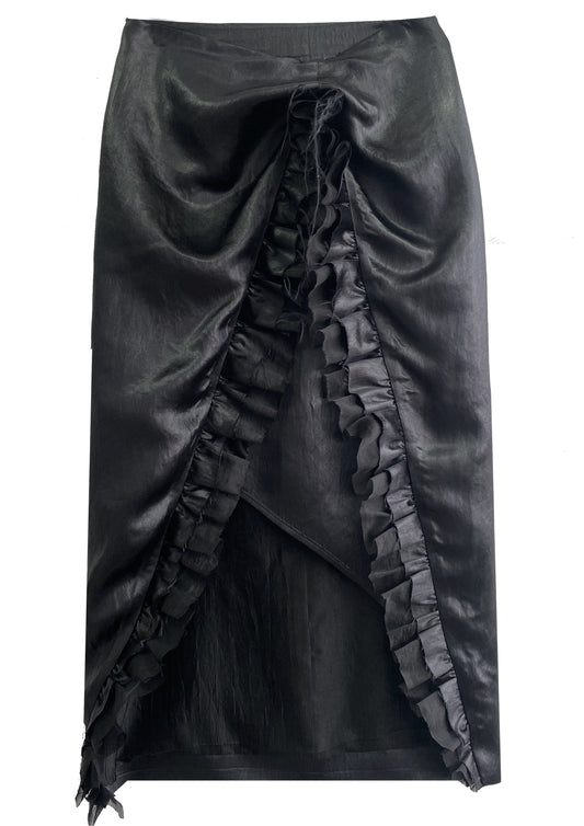 Black Satin Ruffle-Edge Panel Skirt