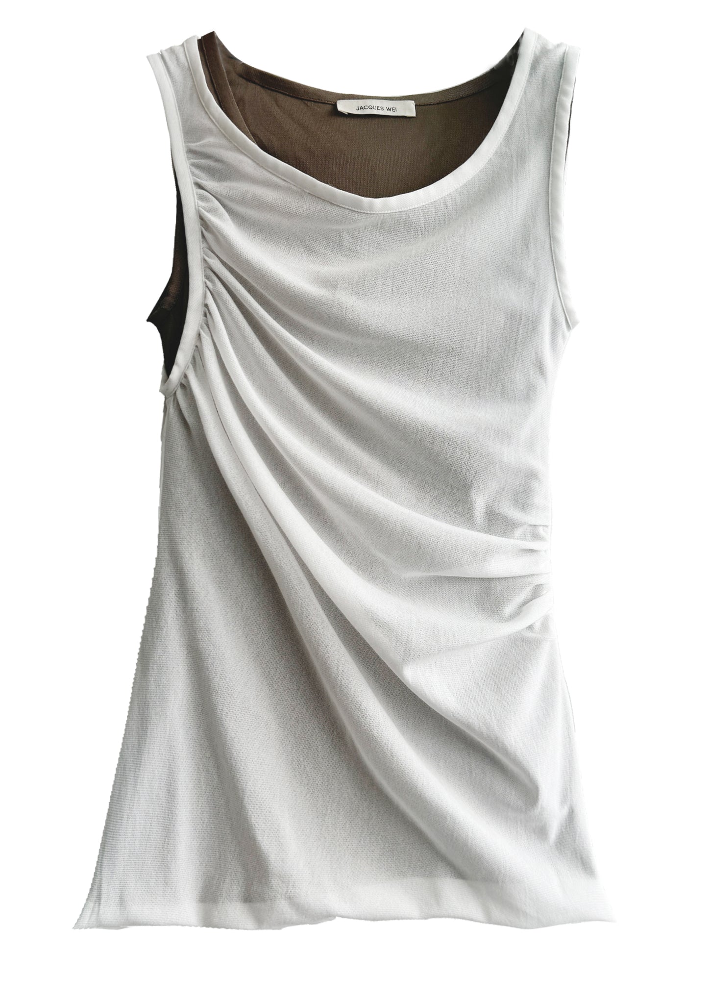 White and Brown Ruched Layered Mesh Camisole