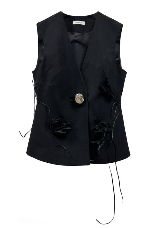 Black Hand-stitched Floral Single-breasted Vest