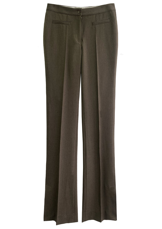 Deep Khaki Wool Slit Straight-Leg Trousers