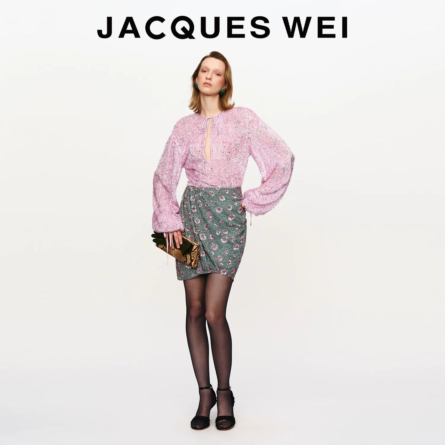 Aqua Green Sequin-Embroidered Pleated Skirt