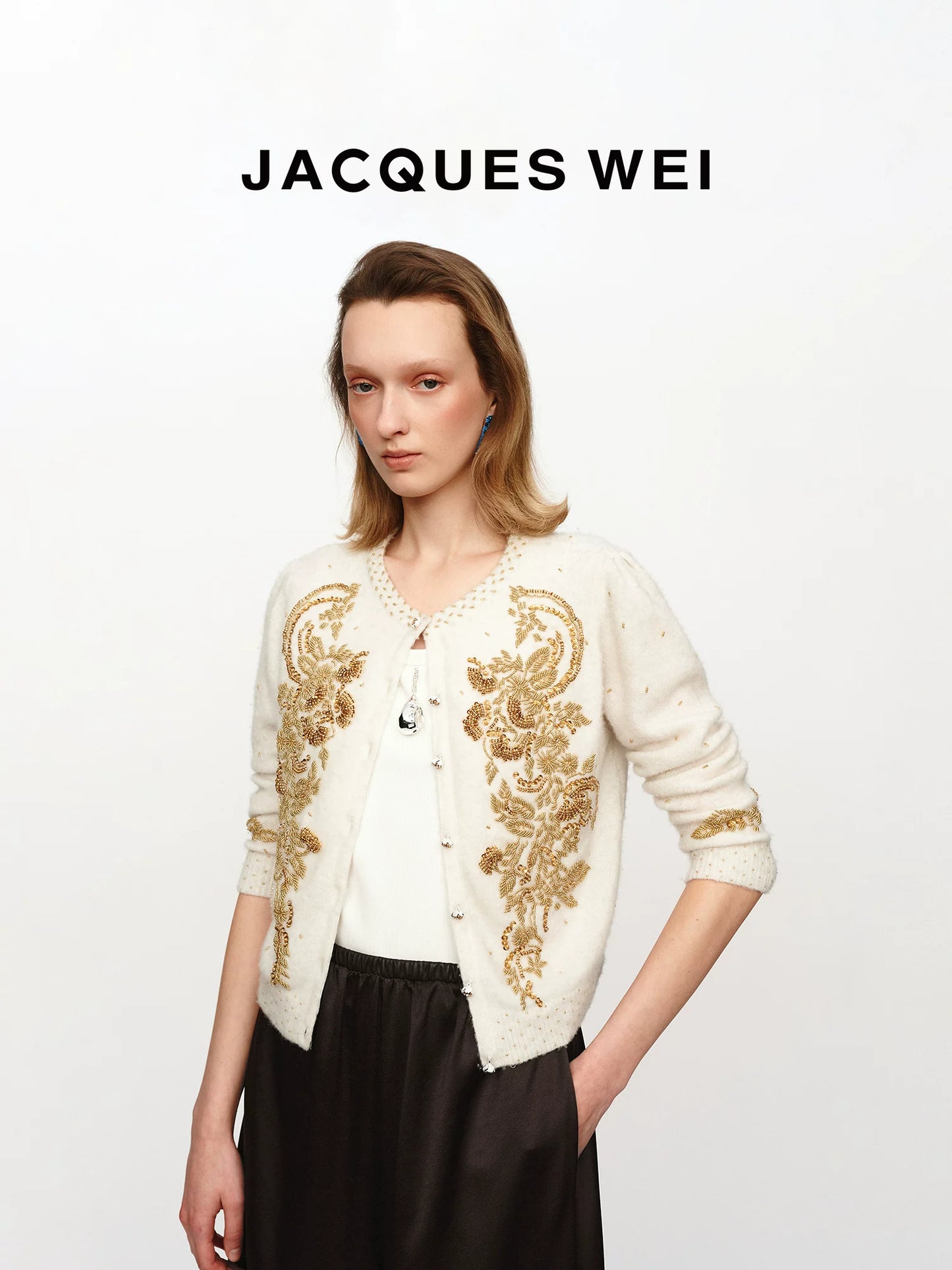 White Platinum Floral Beaded Wool Cardigan