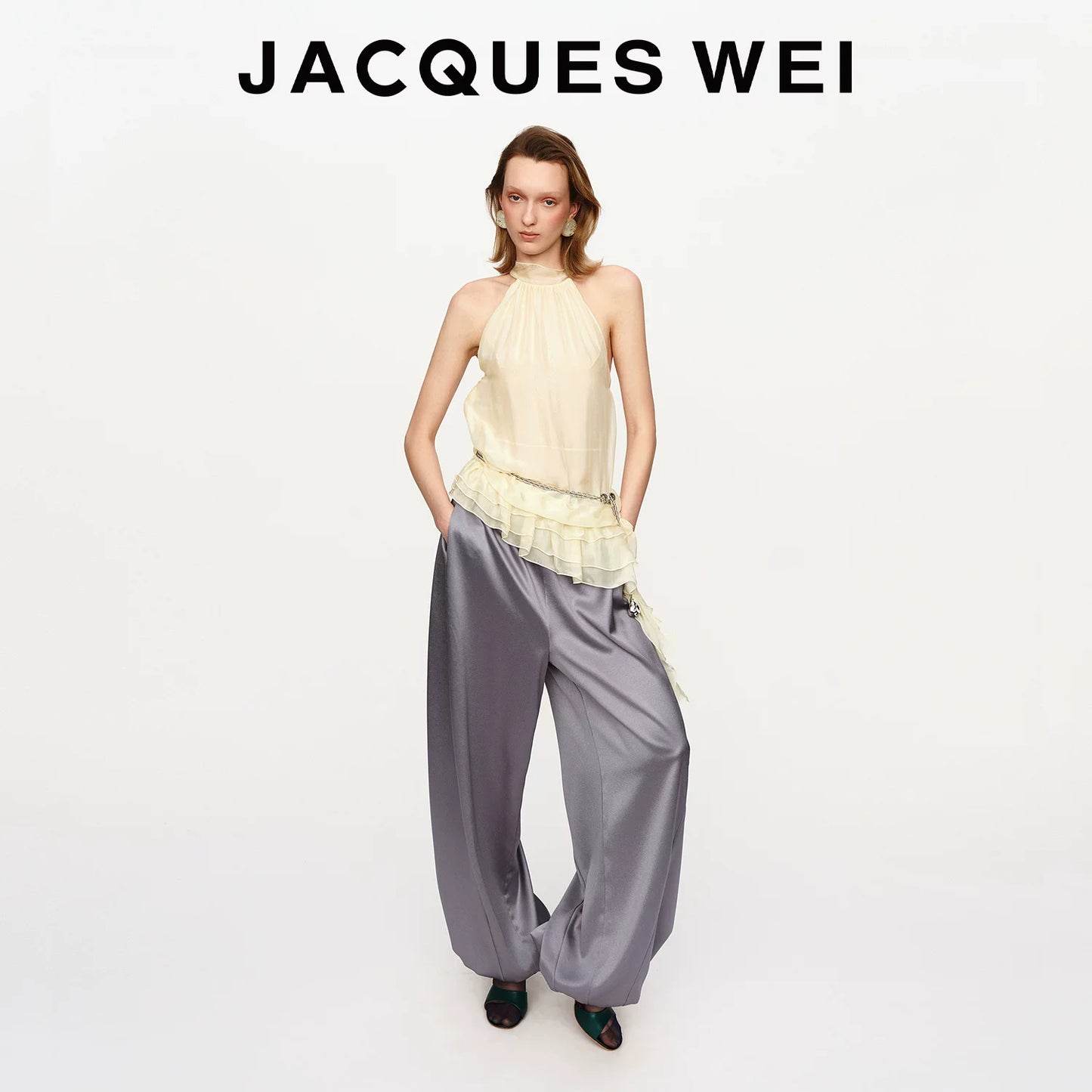 Leather Panel Drawstring Silk Trousers