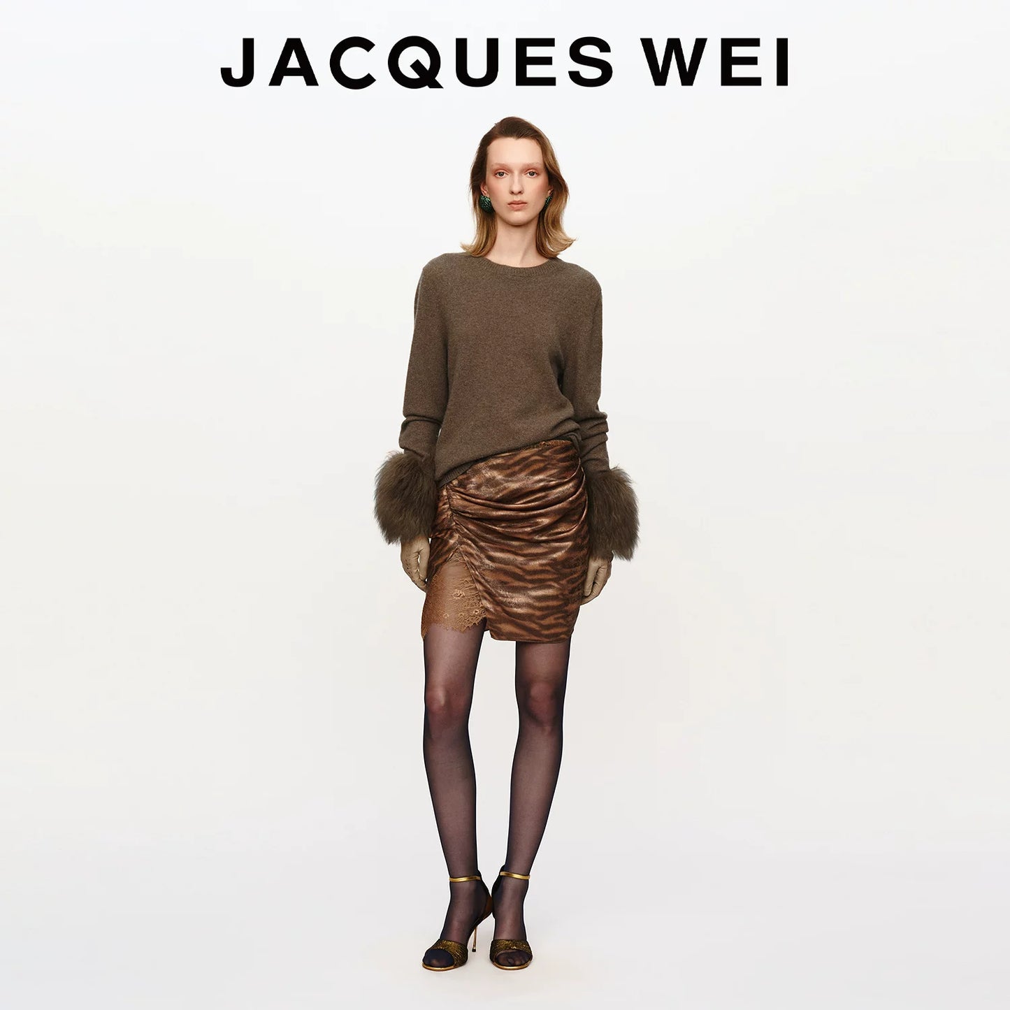 Coffee Floral Jacquard Silk-Panel Pleated Midi Skirt