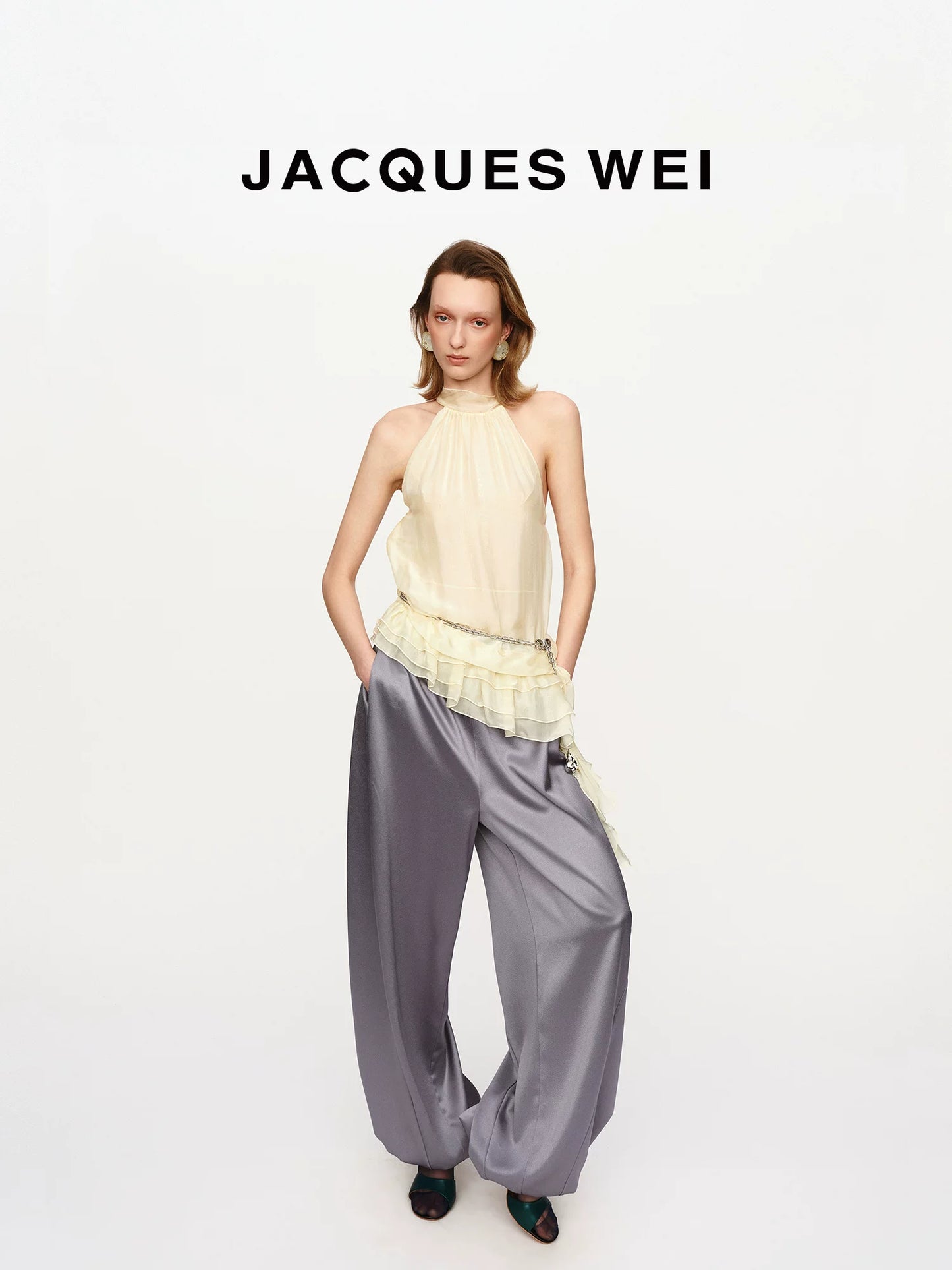 Leather Panel Drawstring Silk Trousers