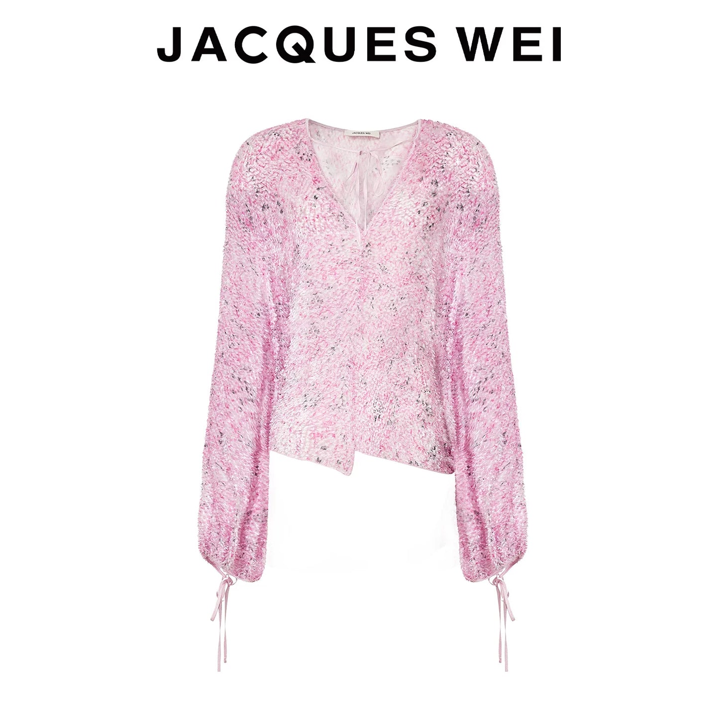 Pink Frayed Silk-Blend Irregular V-Neck Tie Blouse