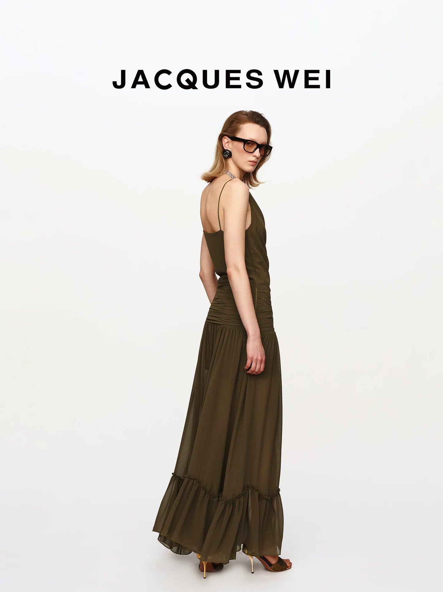 Olive Green Ruched-Waist Sheer Suspender Dress