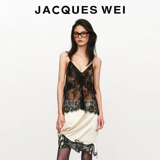 Contrast Lace Embroidered Twist Knot Satin Midi Skirt