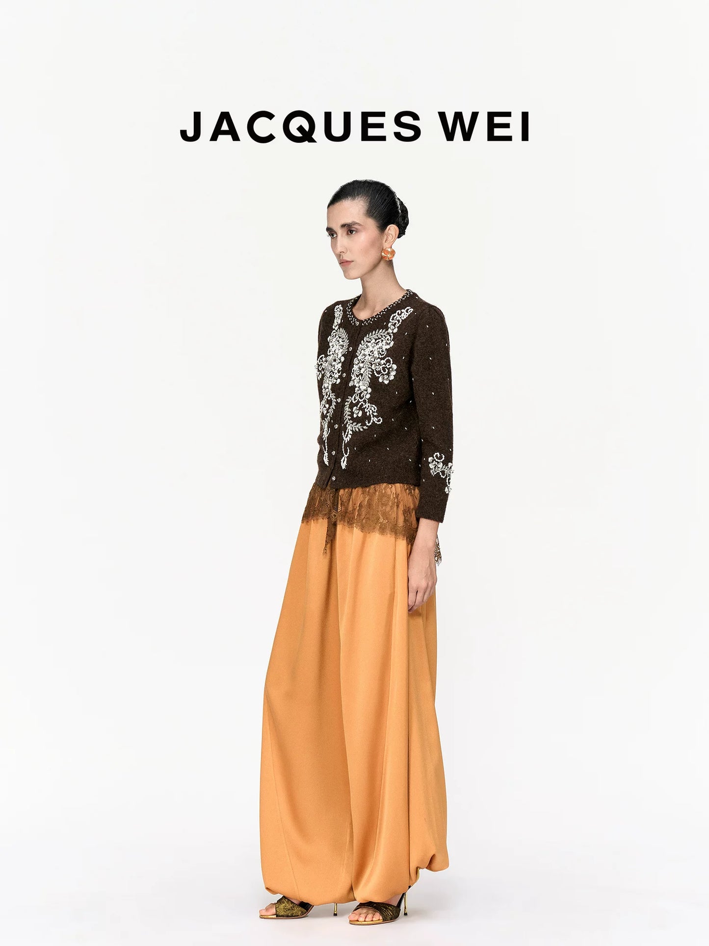 Deep Brown Floral Beaded Wool Cardigan
