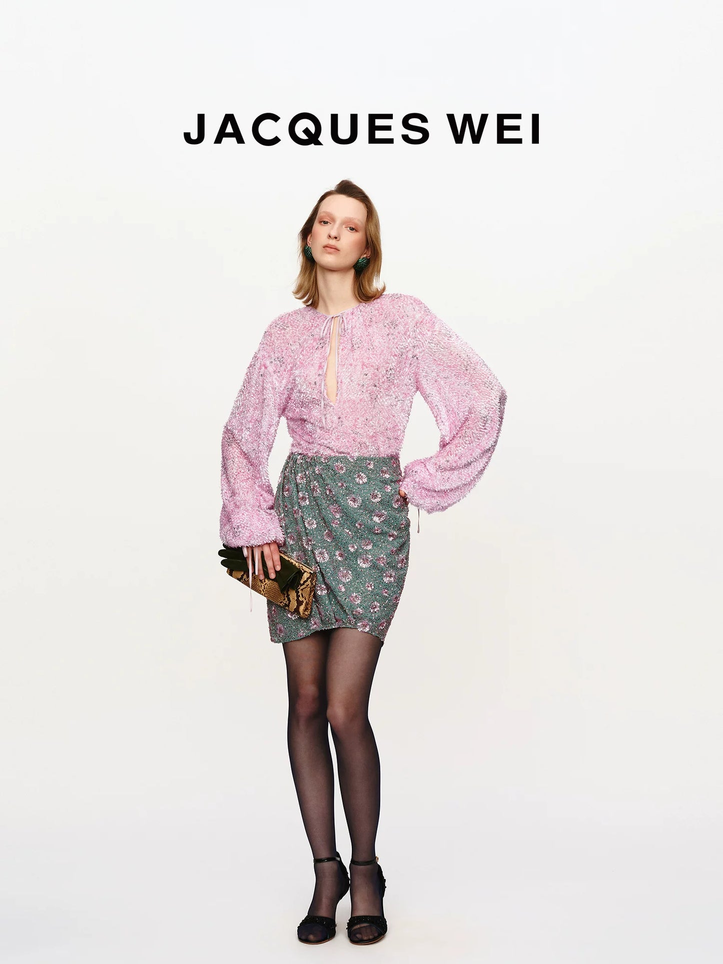 Aqua Green Sequin-Embroidered Pleated Skirt