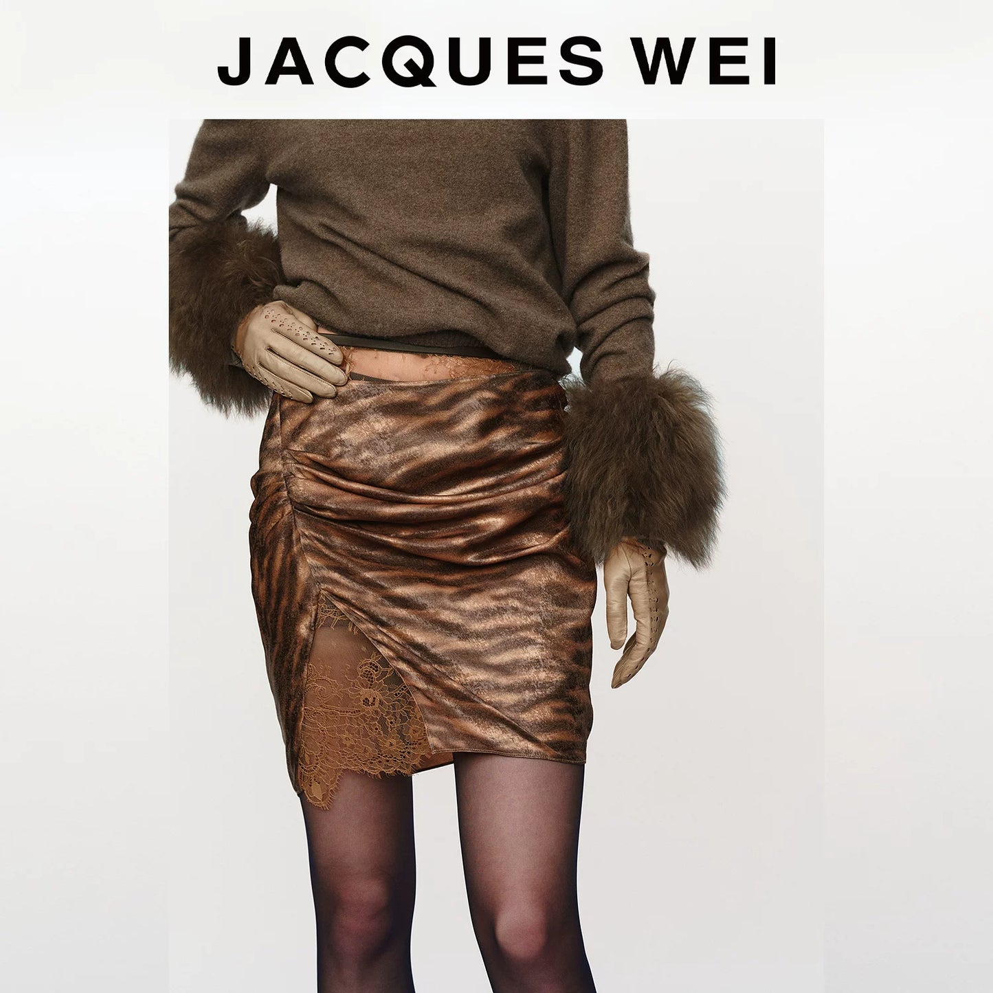 Coffee Floral Jacquard Silk-Panel Pleated Midi Skirt