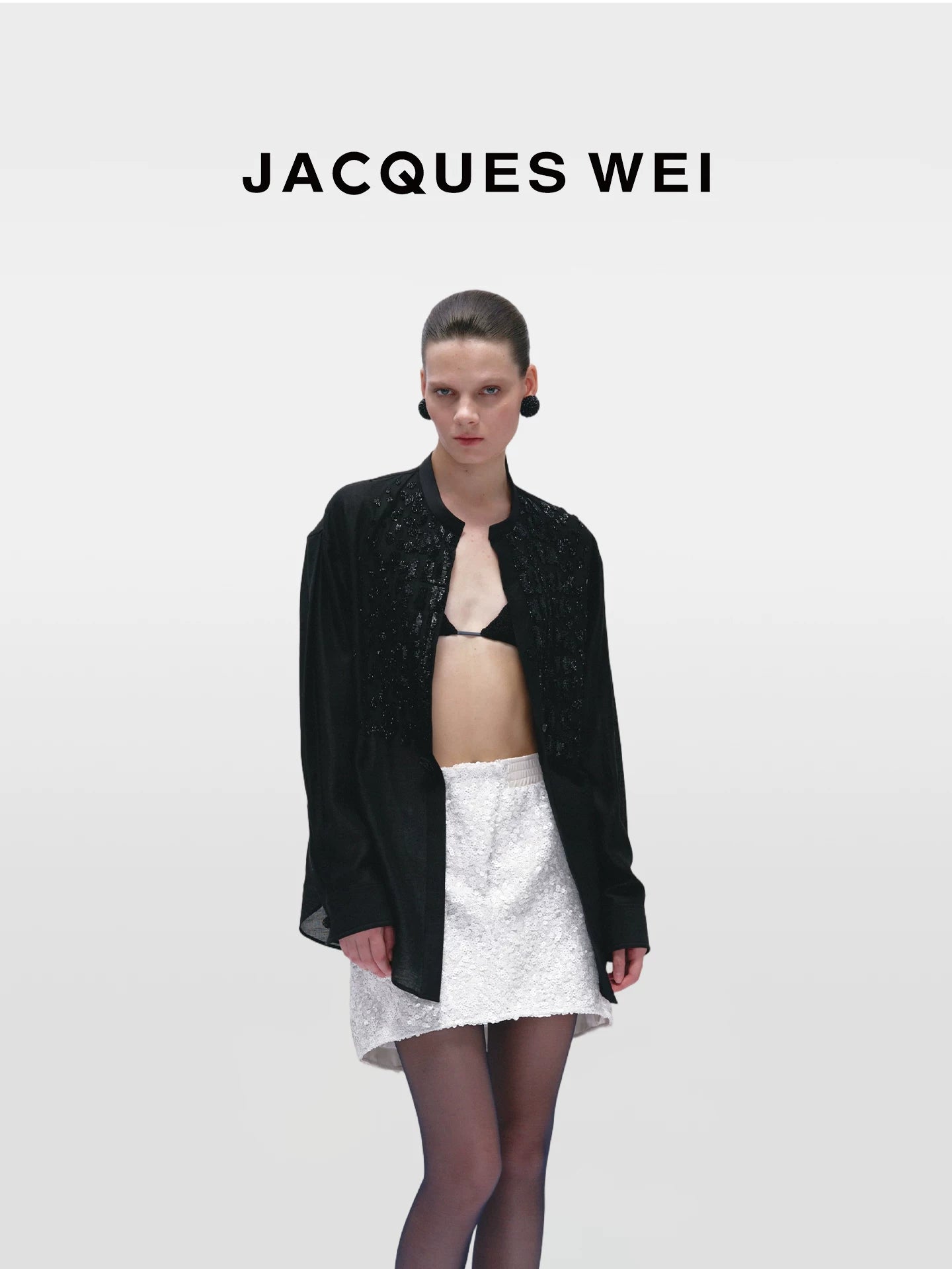 Black Crocodile-Embossed Beaded Collarless Shirt