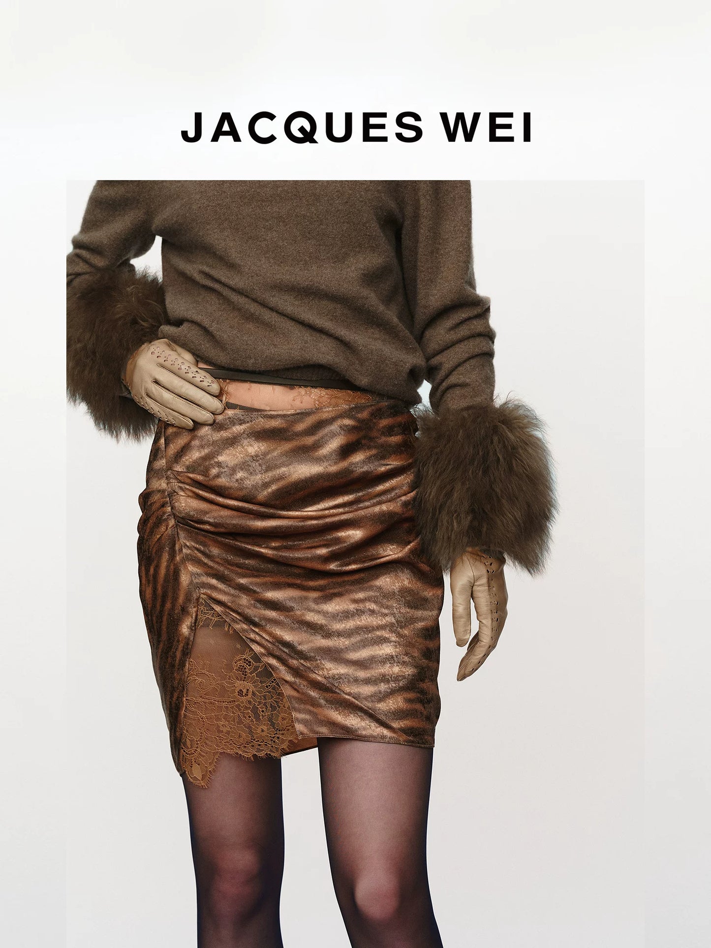 Coffee Floral Jacquard Silk-Panel Pleated Midi Skirt