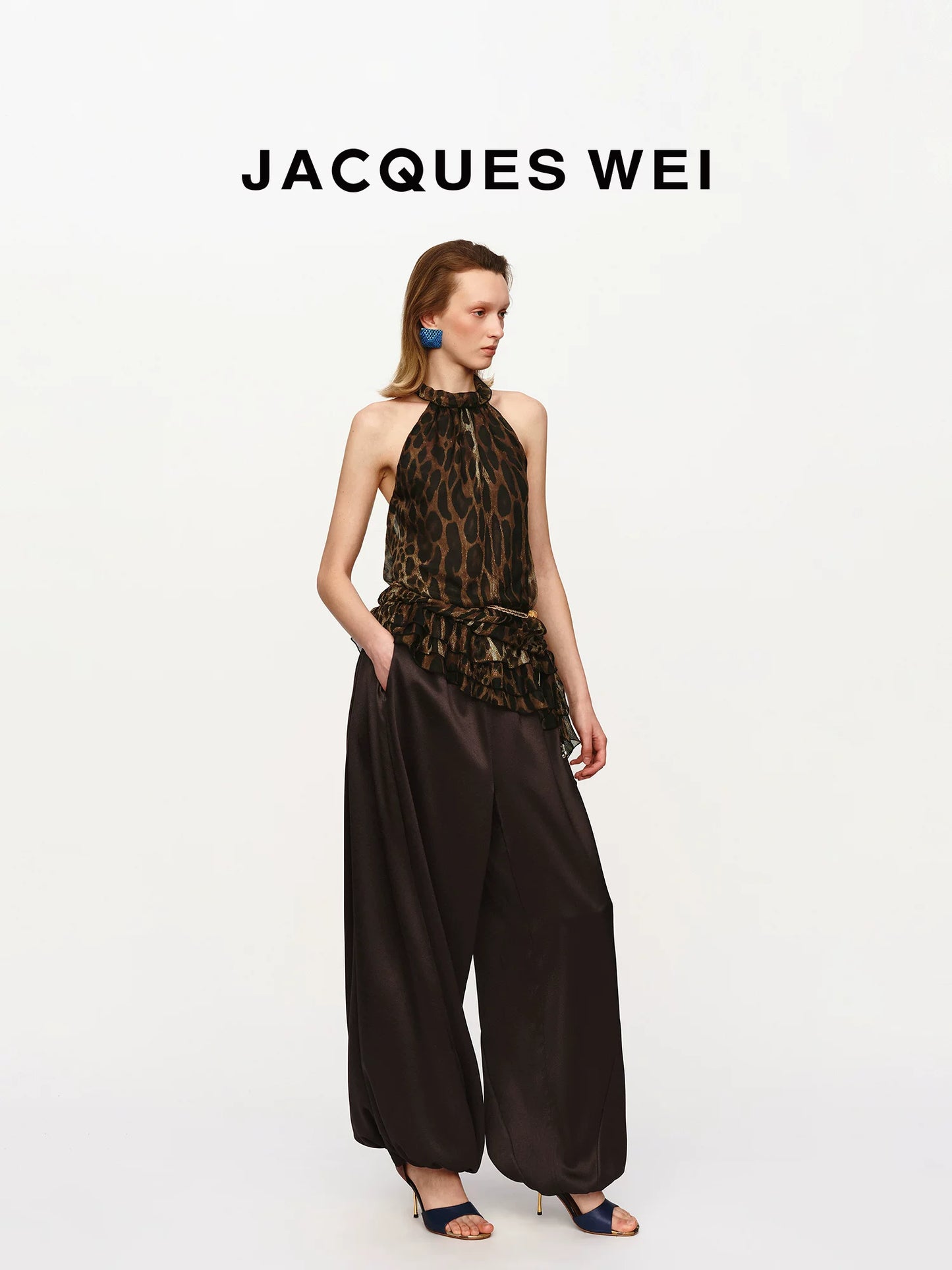 Leather Panel Drawstring Silk Trousers