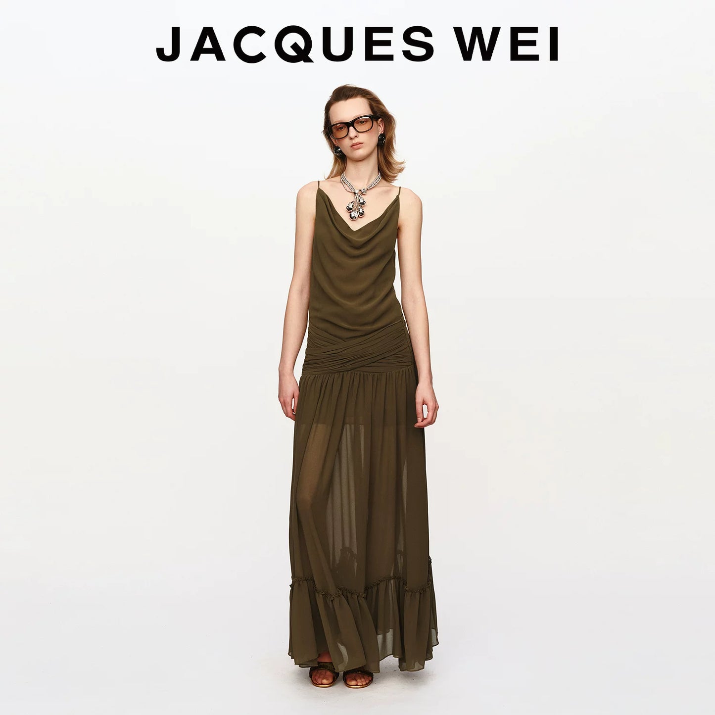 Olive Green Ruched-Waist Sheer Suspender Dress