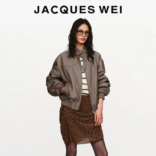 Pearl Gray Lambskin Leather Blazer Jacket
