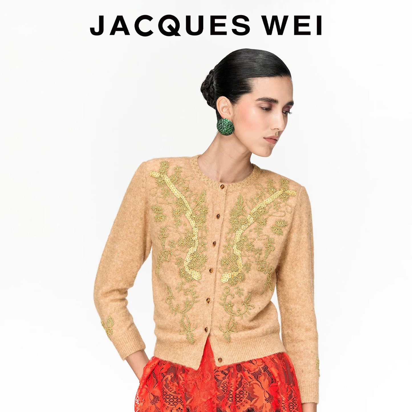 Handcrafted Floral Beaded Wool Cardigan in Light Camel