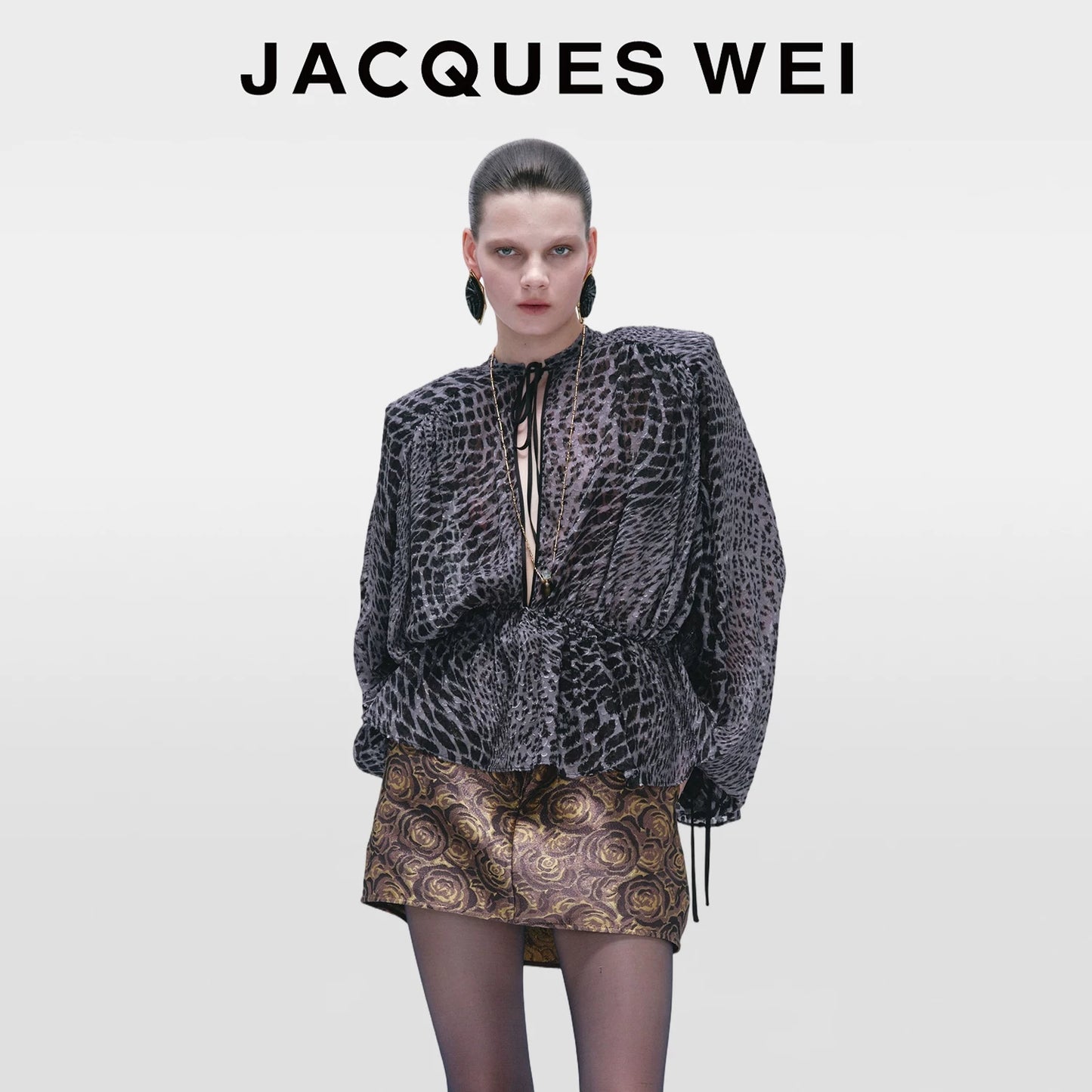 Dark Grey Fish Scale Print Silk Blouse