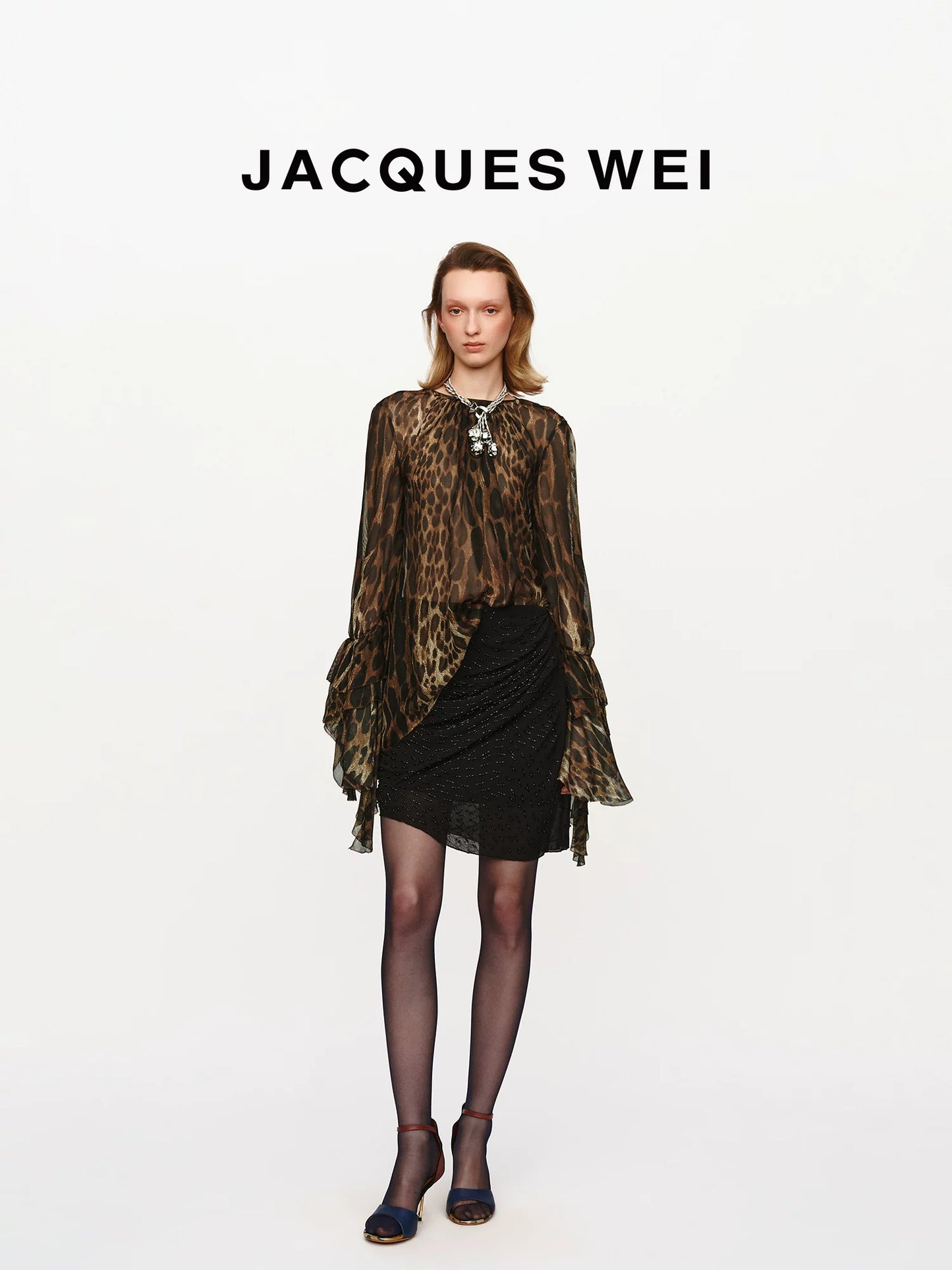 Leopard-Print Sheer Blouse with Petal-Edge Sleeves