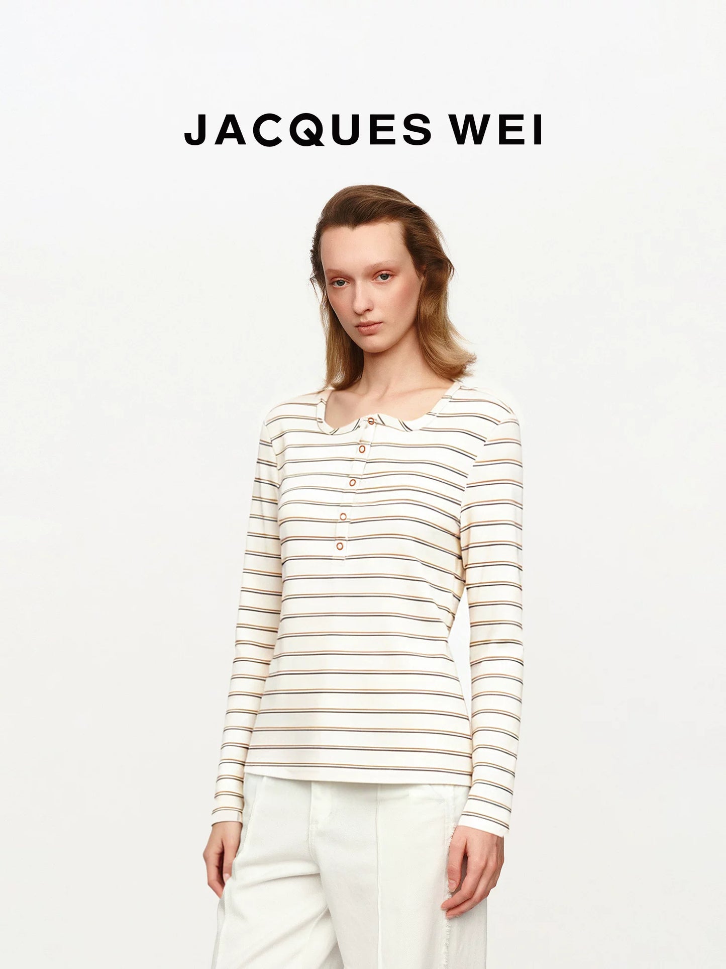 Irregular Wave Neckline White Pinstripe Long Sleeve T-Shirt