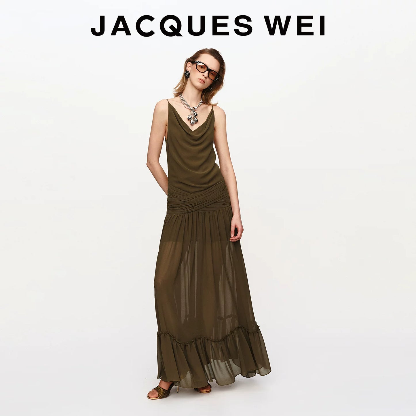 Olive Green Ruched-Waist Sheer Suspender Dress