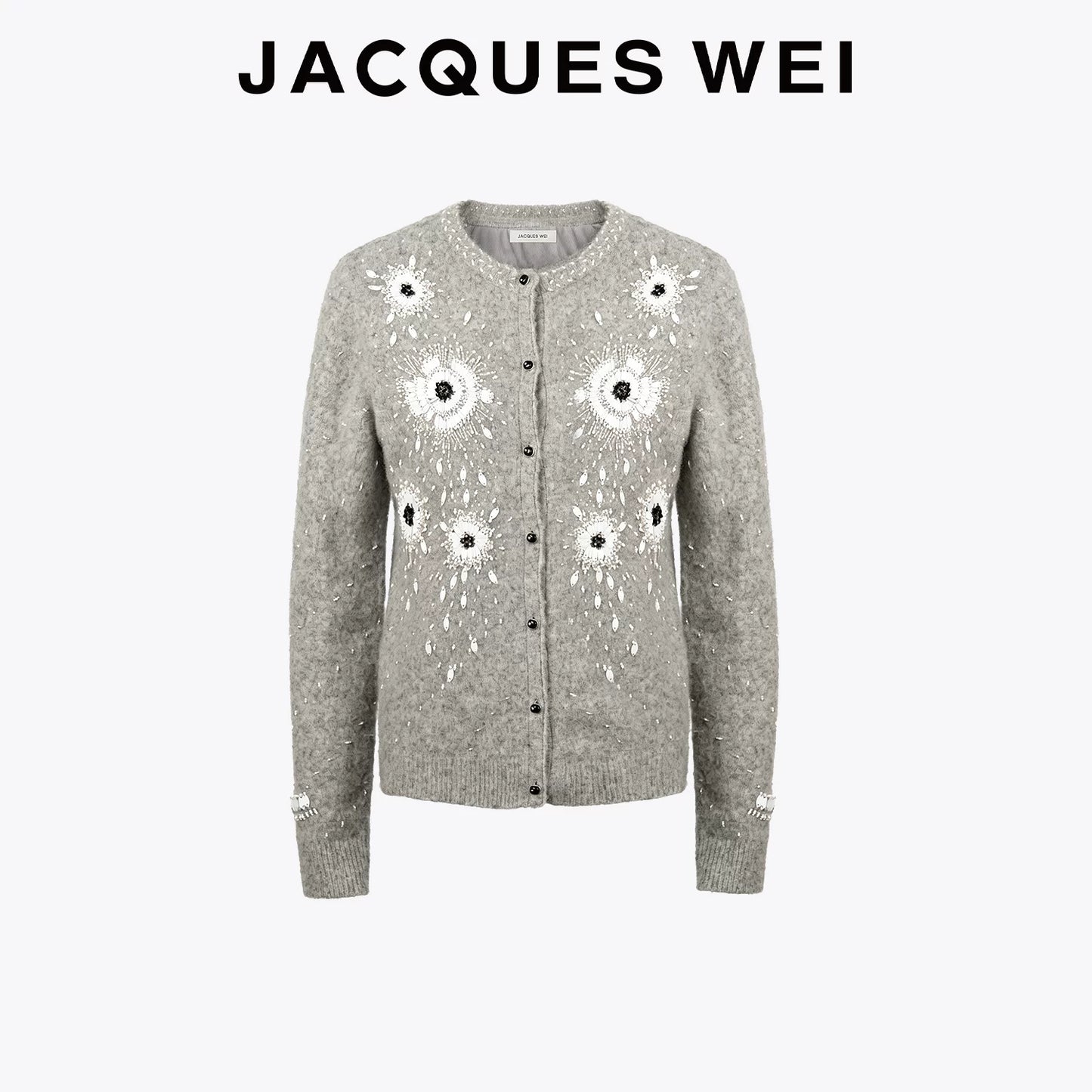 Gray Floral Beaded Wool Cardigan