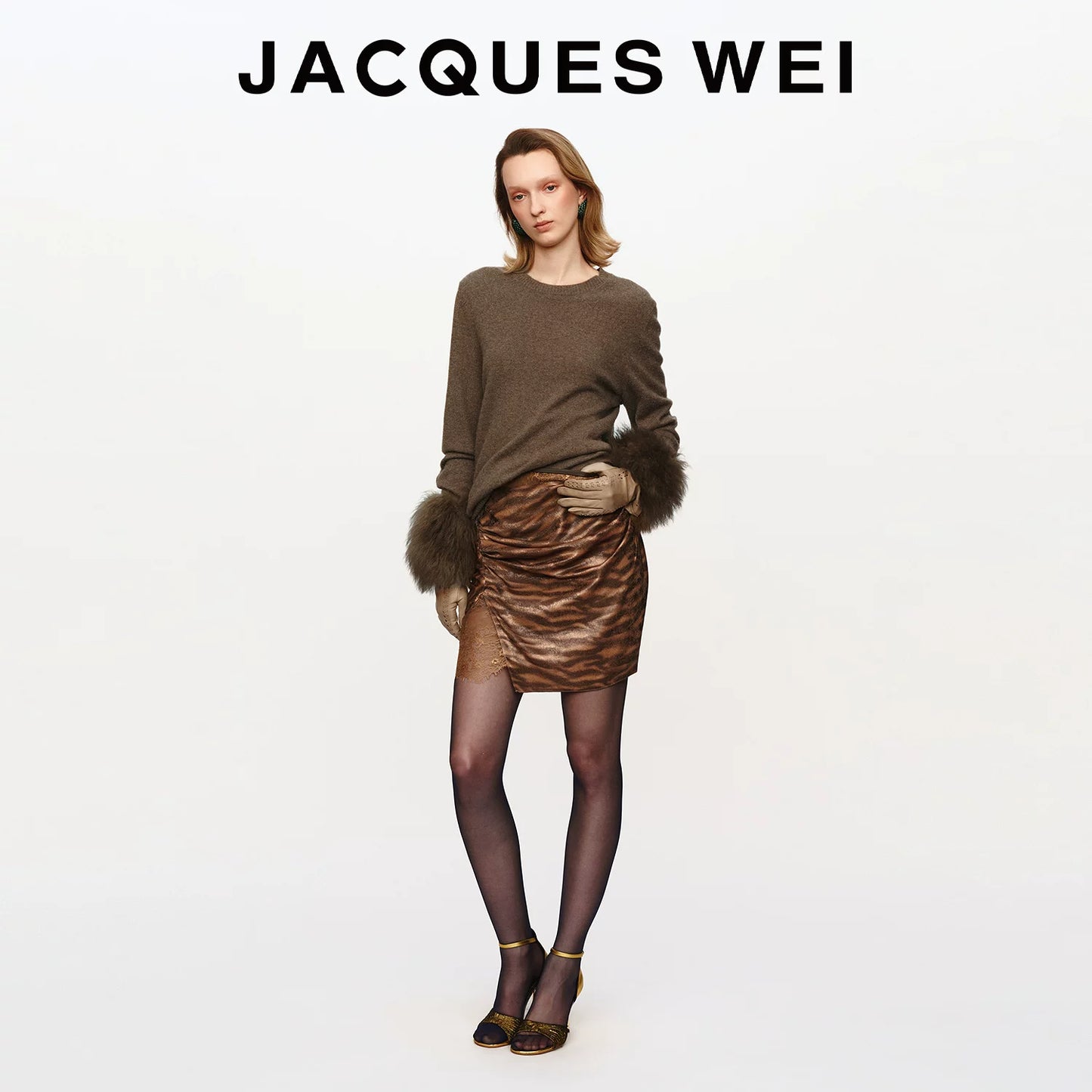 Coffee Floral Jacquard Silk-Panel Pleated Midi Skirt
