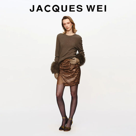 Coffee Floral Jacquard Silk-Panel Pleated Midi Skirt