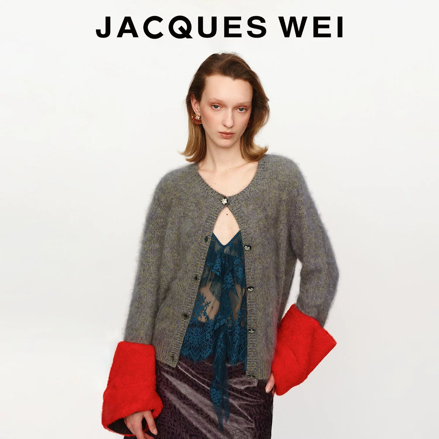 Merino Wool Knit Cardigan with Detachable Leather Sleeves