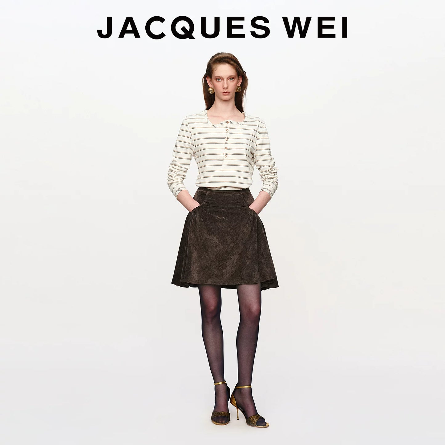 Irregular Wave Neckline White Pinstripe Long Sleeve T-Shirt
