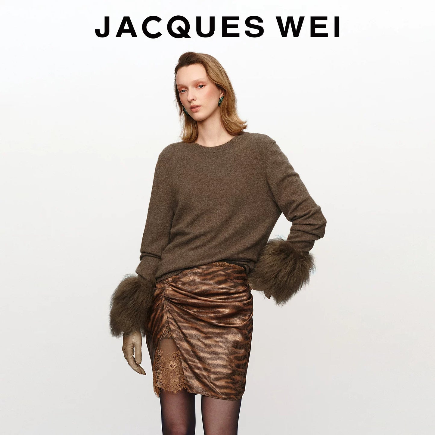 Coffee Floral Jacquard Silk-Panel Pleated Midi Skirt