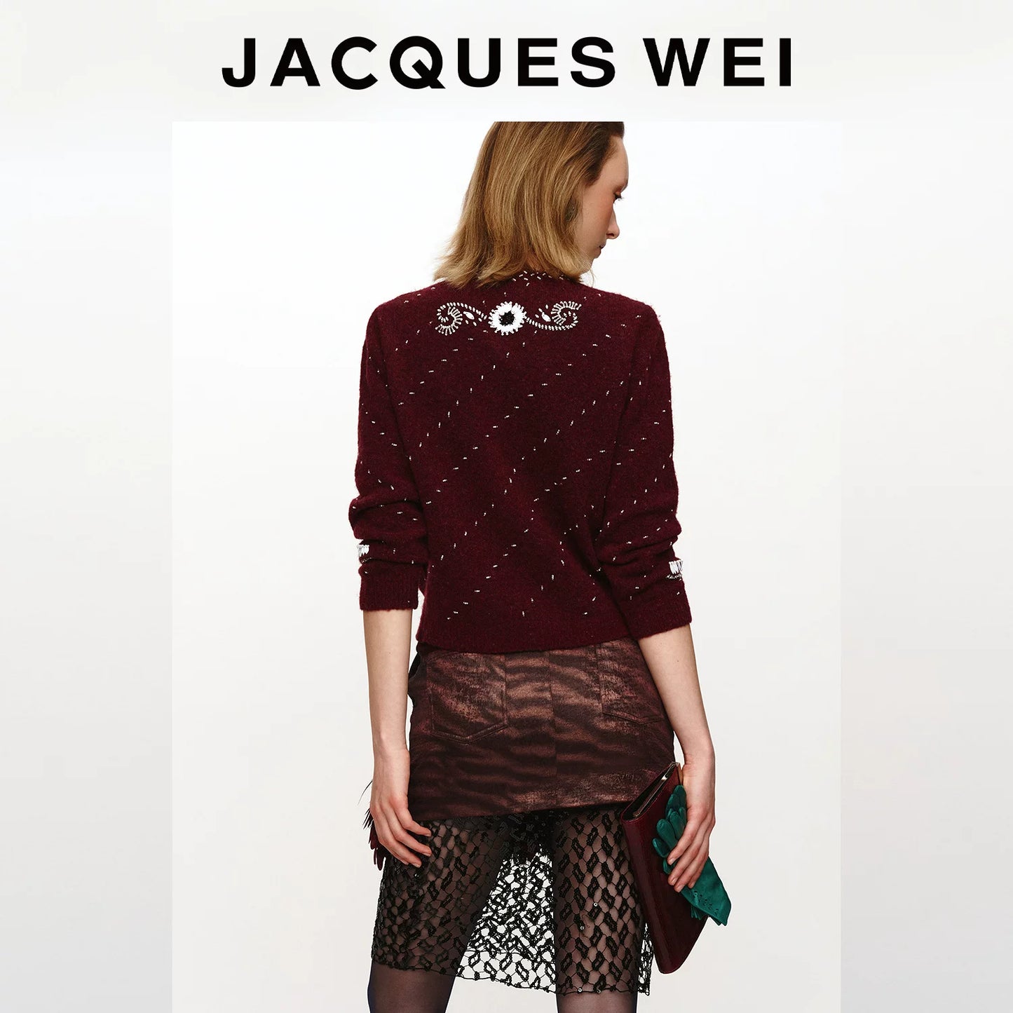 Burgundy Floral Lace-Trim Sheer Sequin Skirt