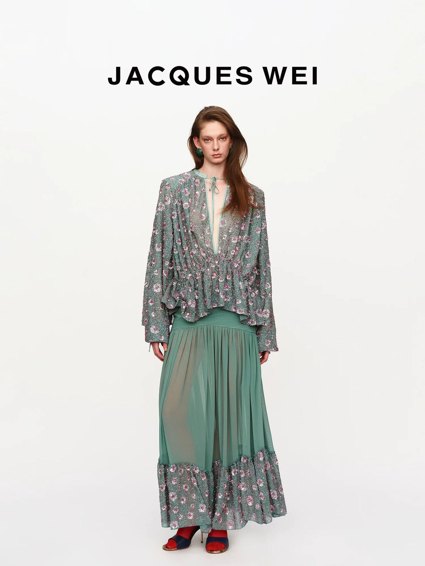 Aqua Green Sequin-Embroidered V-Neck Belted Shirt