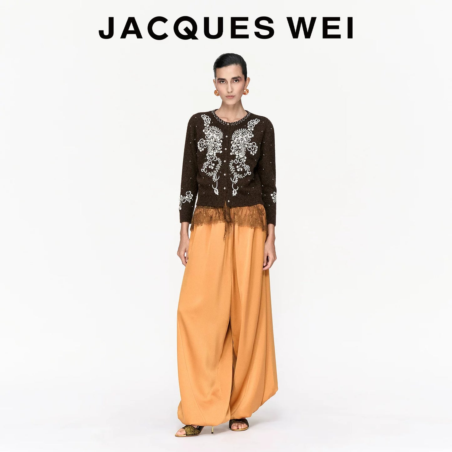 Deep Brown Floral Beaded Wool Cardigan