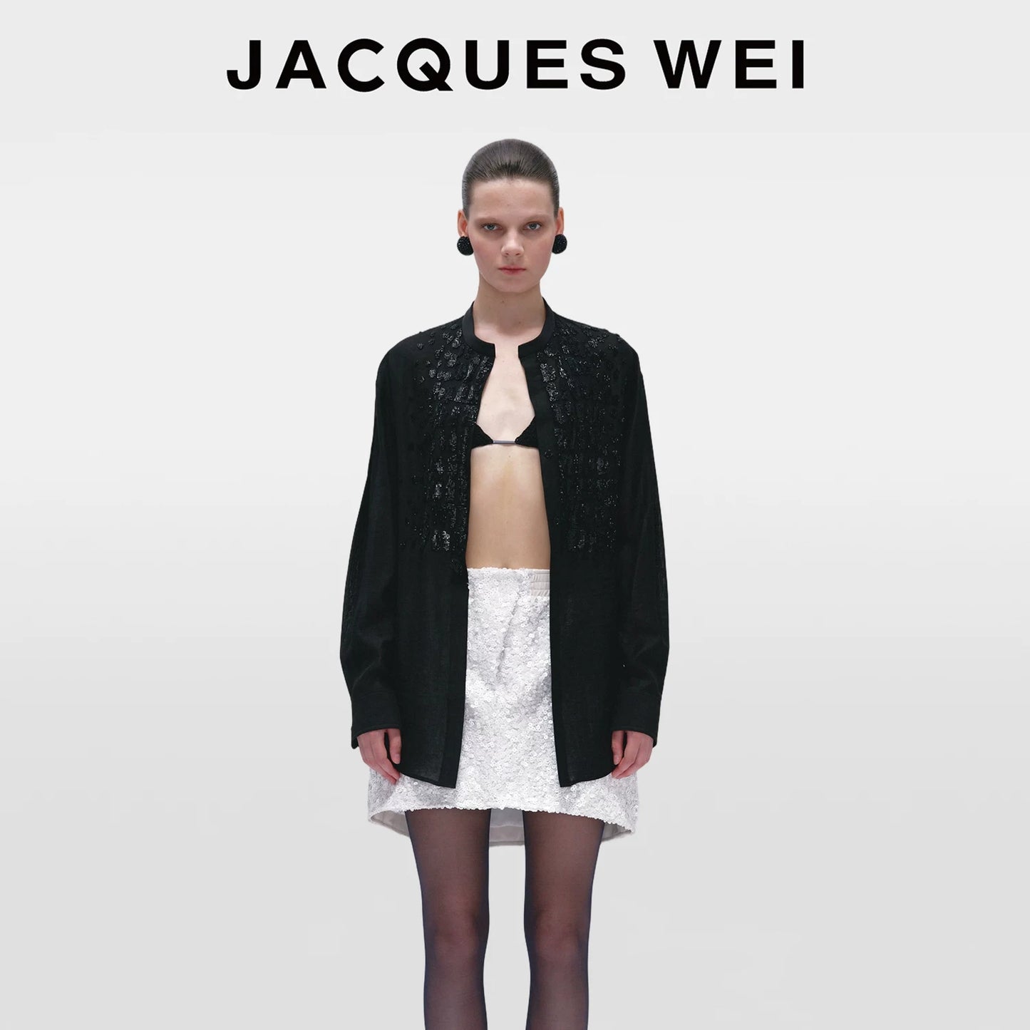 Black Crocodile-Embossed Beaded Collarless Shirt