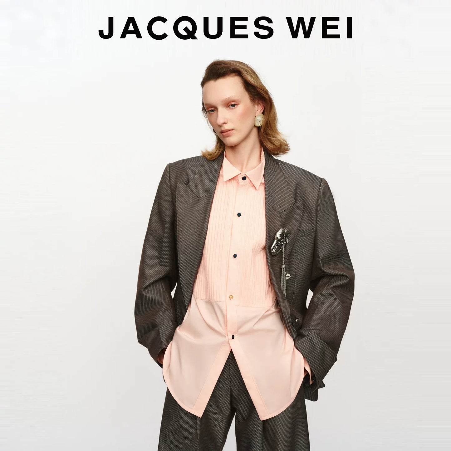 Pewter Grey Wool Blend Pinstripe Blazer