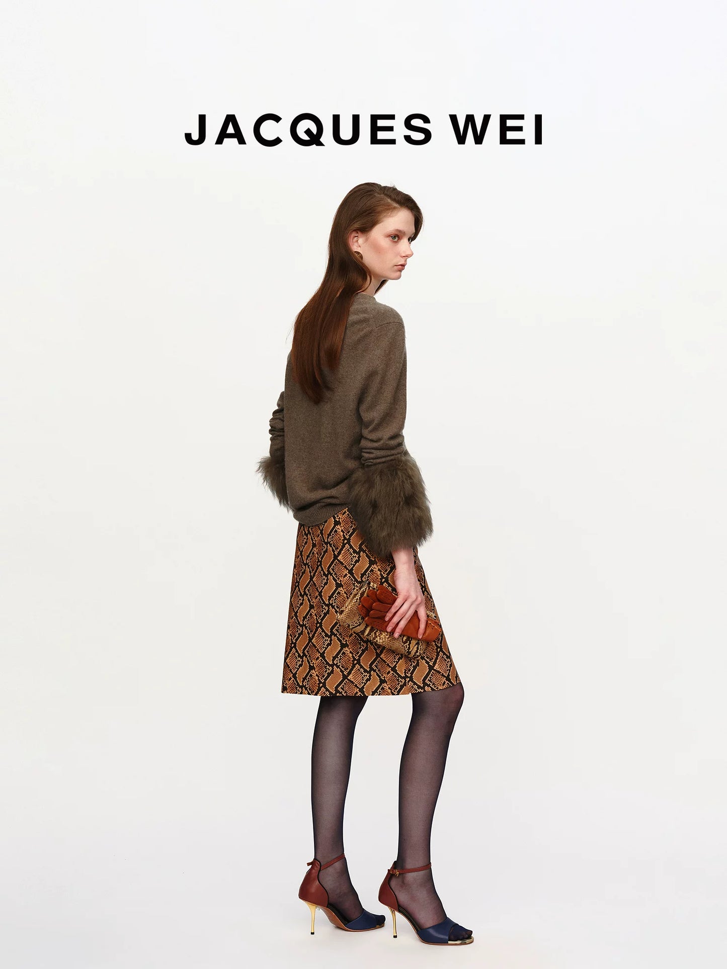 Brown Snake Embossed Leather Midi Skirt